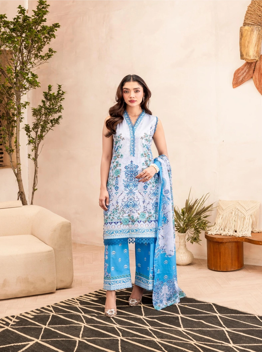 Pakistani Firdous Lawn Special Edition – Azure Blue & Floral 3-Piece Printed Suit-Unstitehed