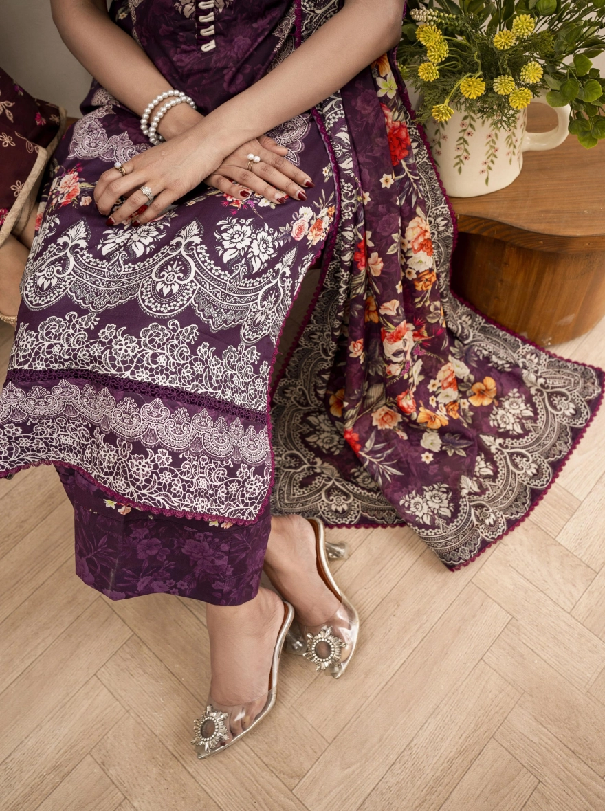 Firdous Special Edition – Plum Regal Flora 3-Piece Suit-Unstitehed