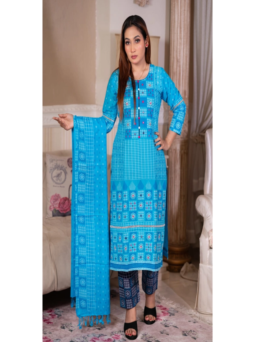Artisan Block Print and Embroidered Taat Cotton Three-Piece Set