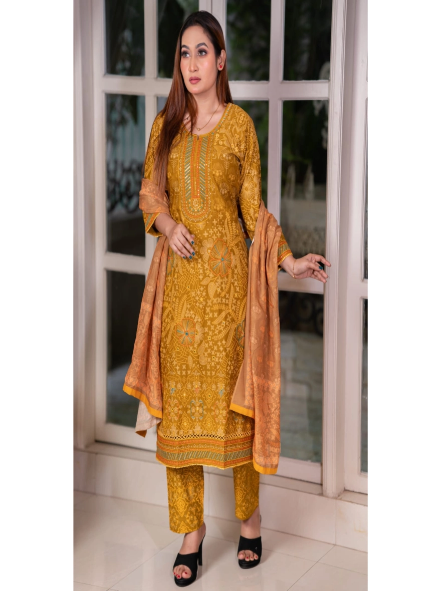 Elegant Hand-Block Printed Taat Cotton Three-Piece Set