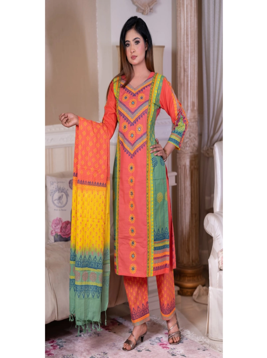 Exquisite Block-Printed & Embroidered Taat Cotton Three-Piece Set - 1158