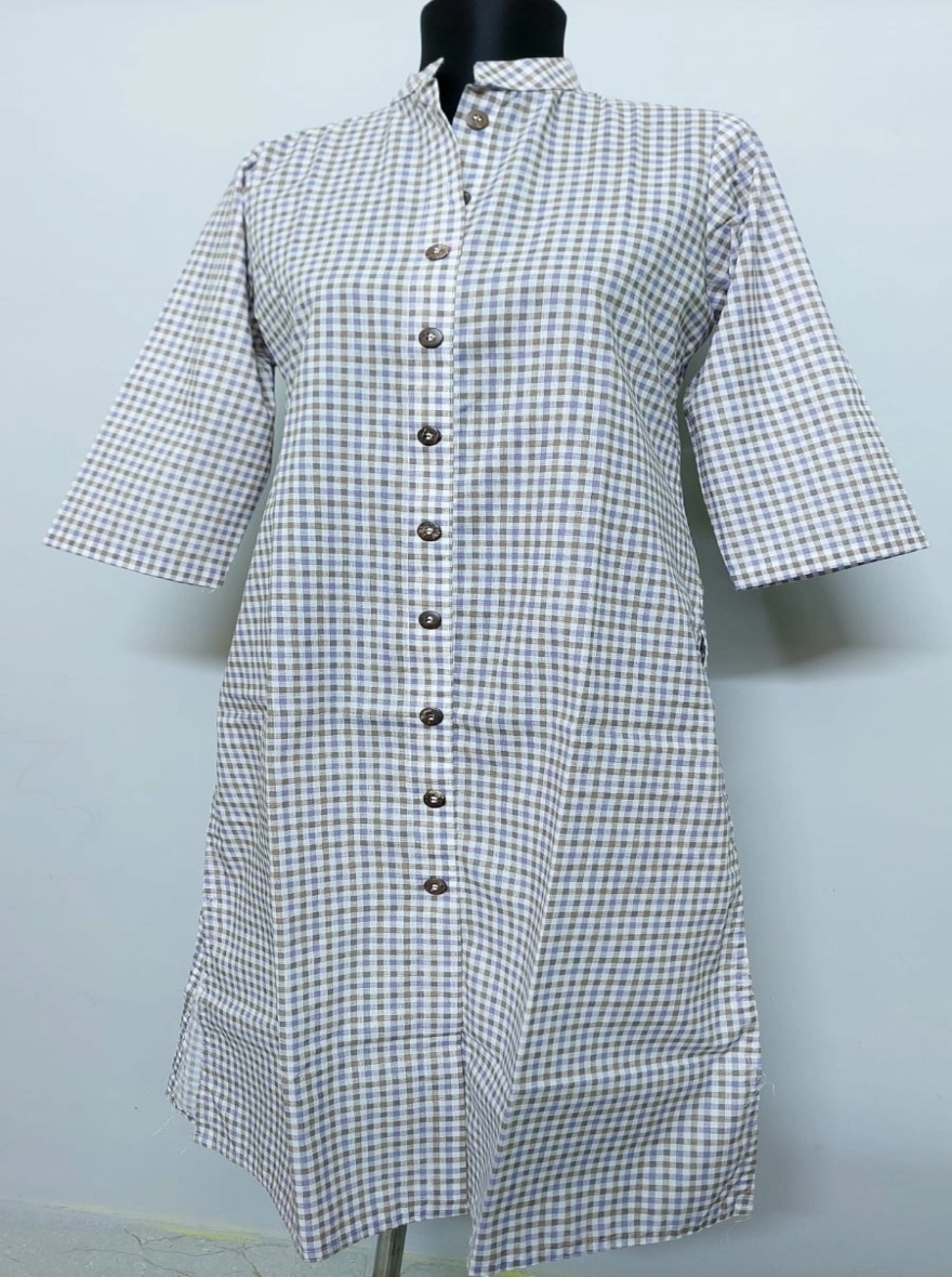 Classic Gingham Check Button-Down Cotton Kurti