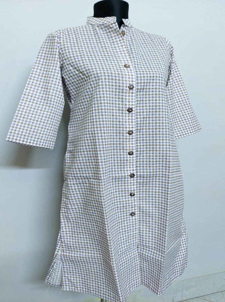 Classic Gingham Check Button-Down Cotton Kurti
