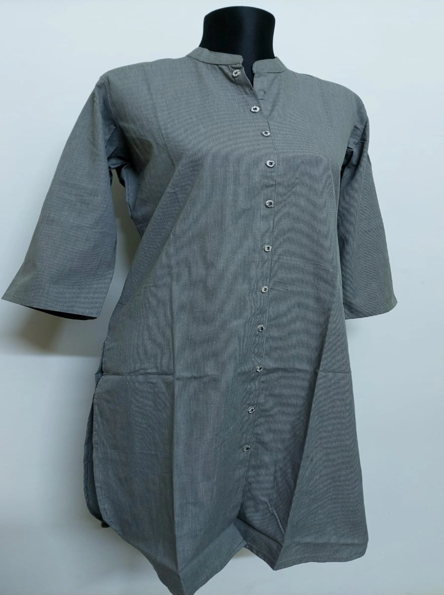 Slate Grey Pinstripe Button-Down Cotton Kurti