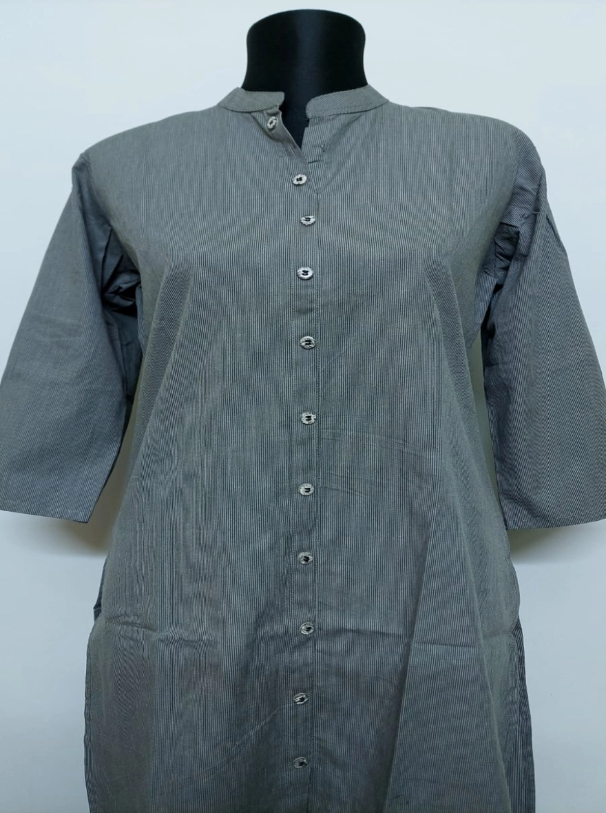 Slate Grey Pinstripe Button-Down Cotton Kurti