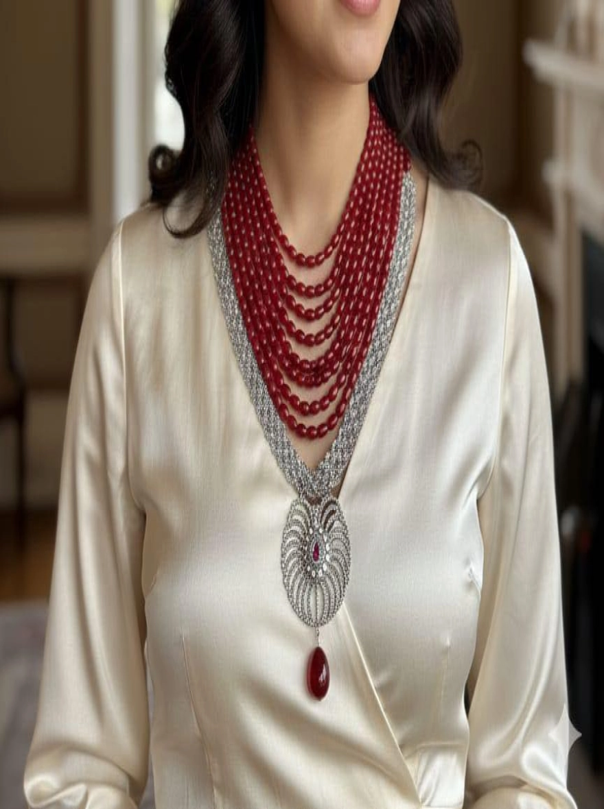 Crimson Royale Zircon & Silver Fan Statement Necklace