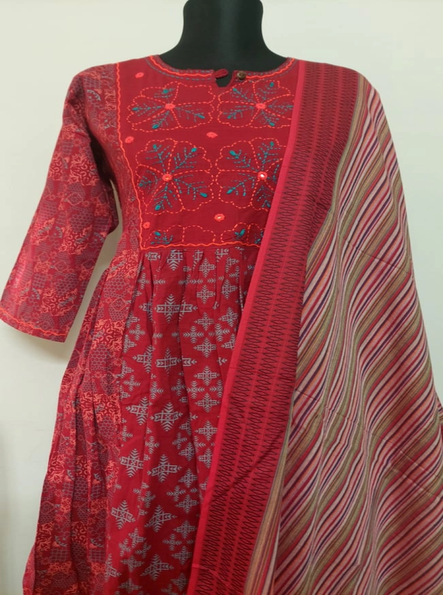 Amethyst-Block Floral Cotton Kurti