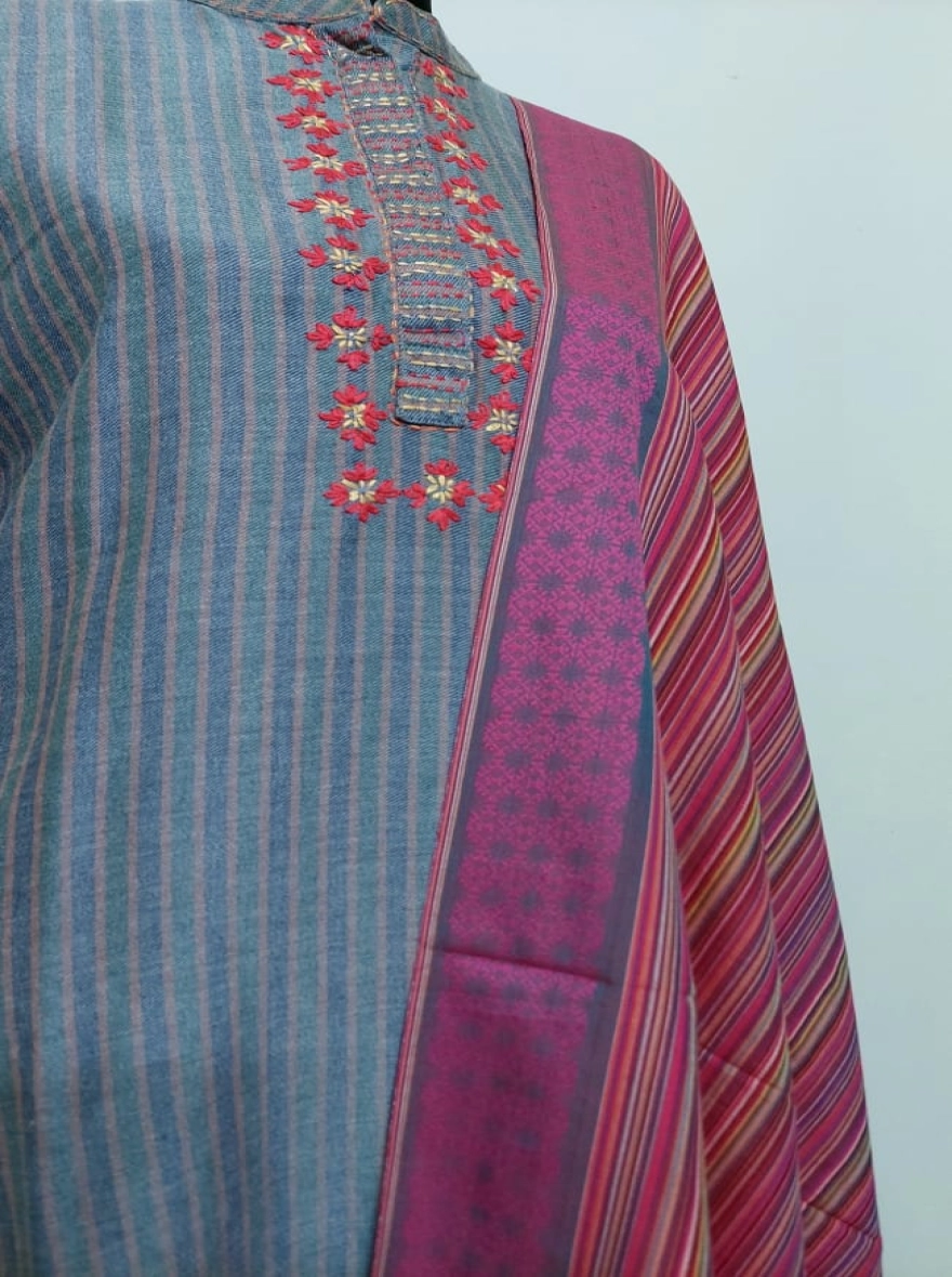 Midnight Teal Blossom Kurti with Striped Silk-Touch Dupatta