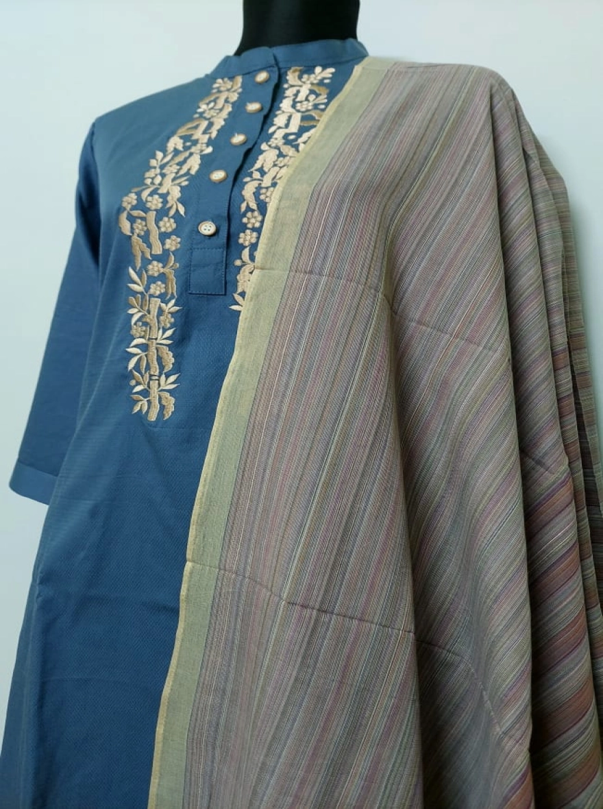 Ethereal Slate Blue Kurti with Golden Vine Embroidery