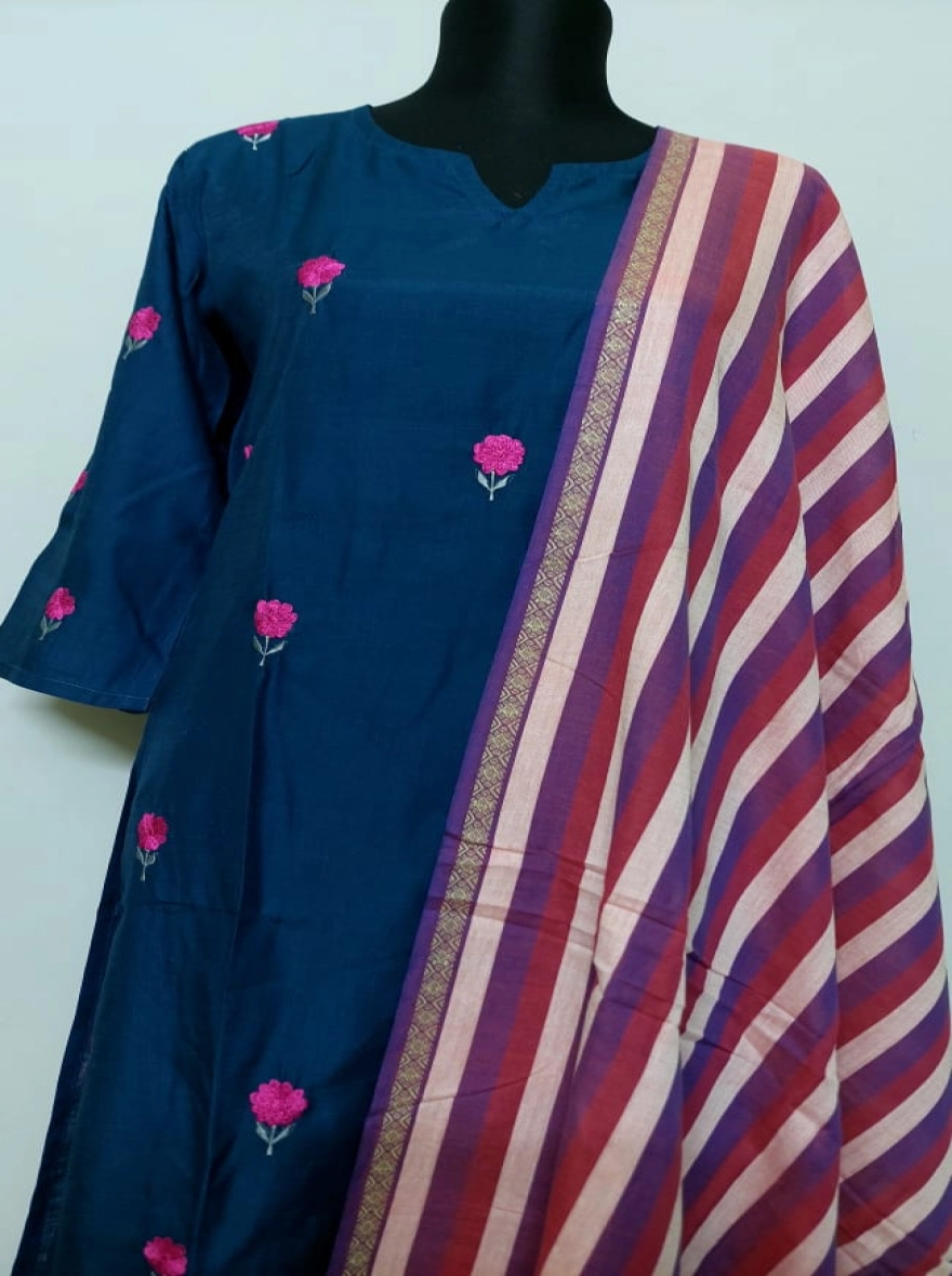 Midnight Teal Floral Embroidered Kurti with Striped Dupatta Set