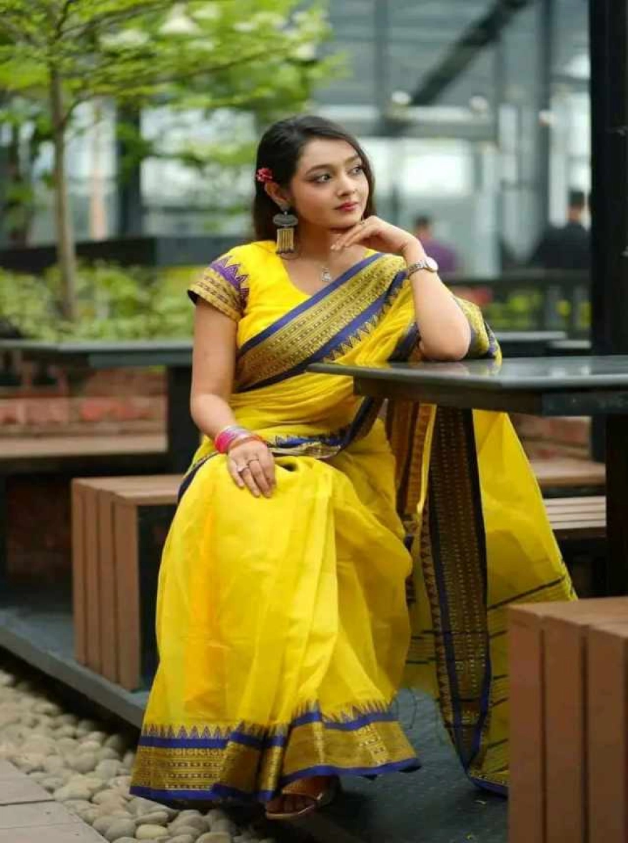 Gaye Holud Special Yellow Tangail Half Silk Saree with Blue Ornamental Border