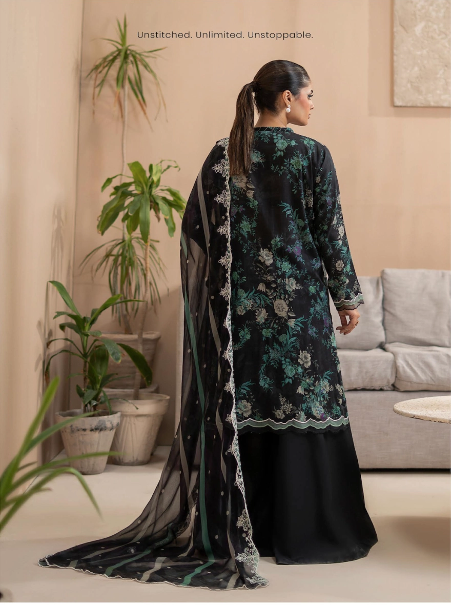 Pakistani Premium Mishaal by Gulljee – 3 Piece Printed Lawn Suit (Black/Emerald)