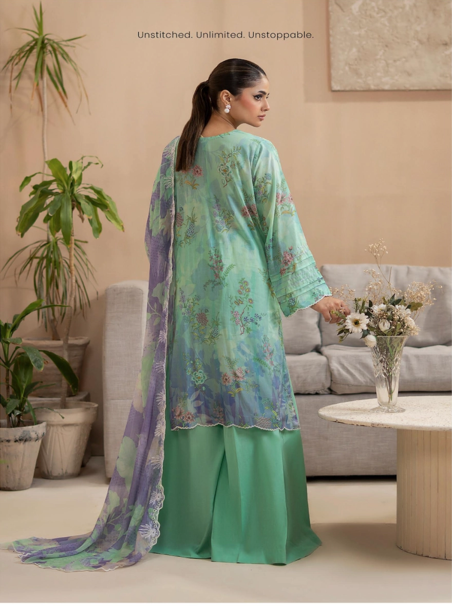 Pakistani Premium Mishaal by Gulljee – 3 Piece Printed Lawn Suit (Sea-Green)