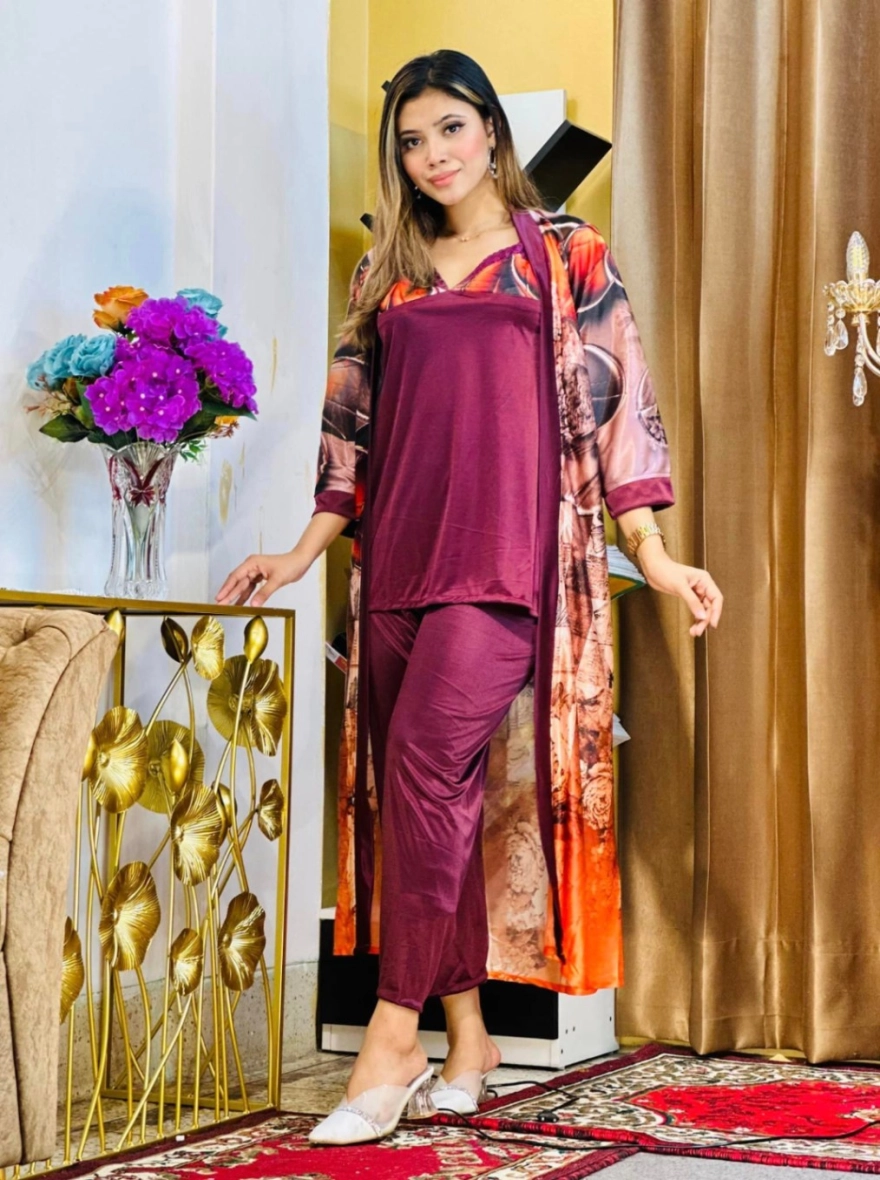 Premium 3-Piece Silk Nightwear Set - Floral Digital Print