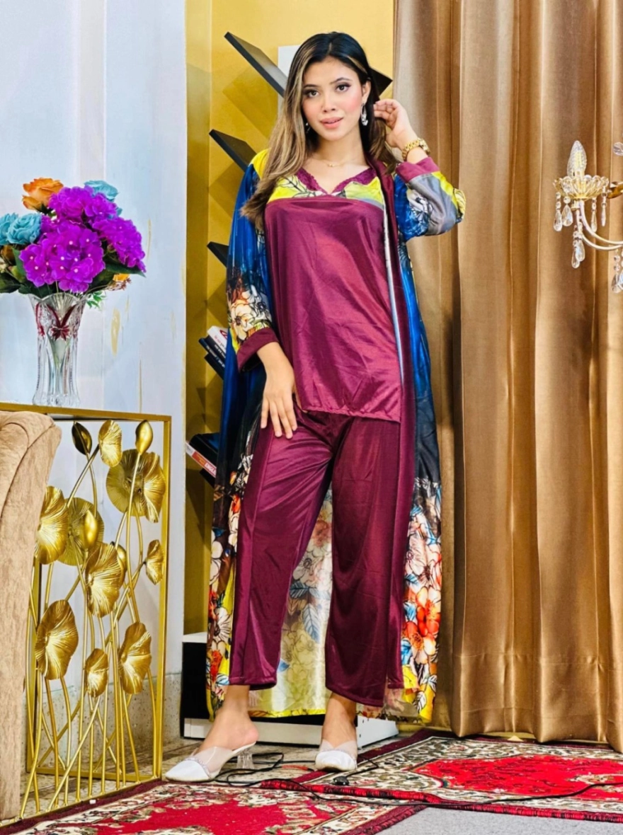 Premium 3-Piece Silk Nightwear Set - Floral Digital Print