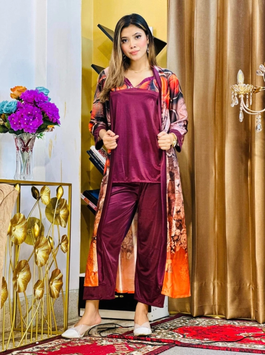 Premium 3-Piece Silk Nightwear Set - Floral Digital Print