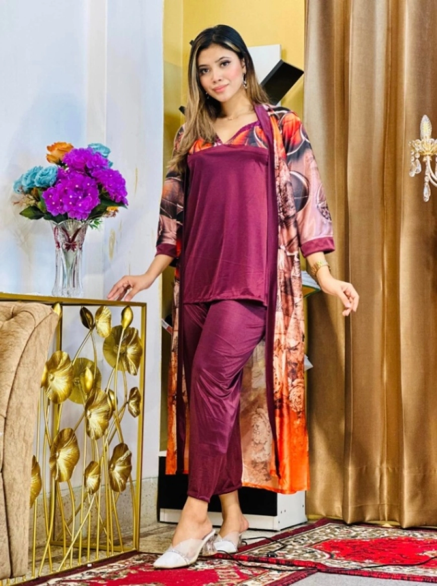 Premium 3-Piece Silk Nightwear Set - Floral Digital Print