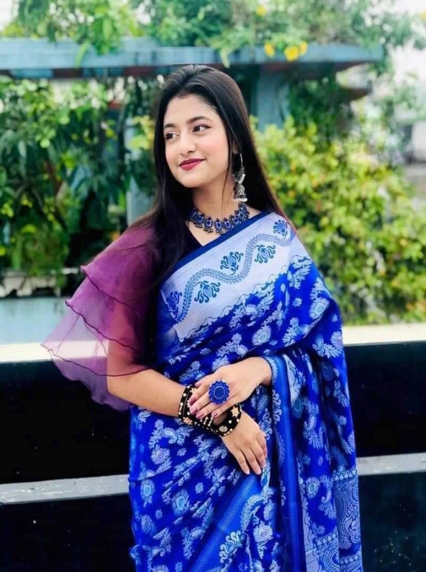 Women's Soft Silk Katan Saree - Royal Blue Traditional Floral Weave