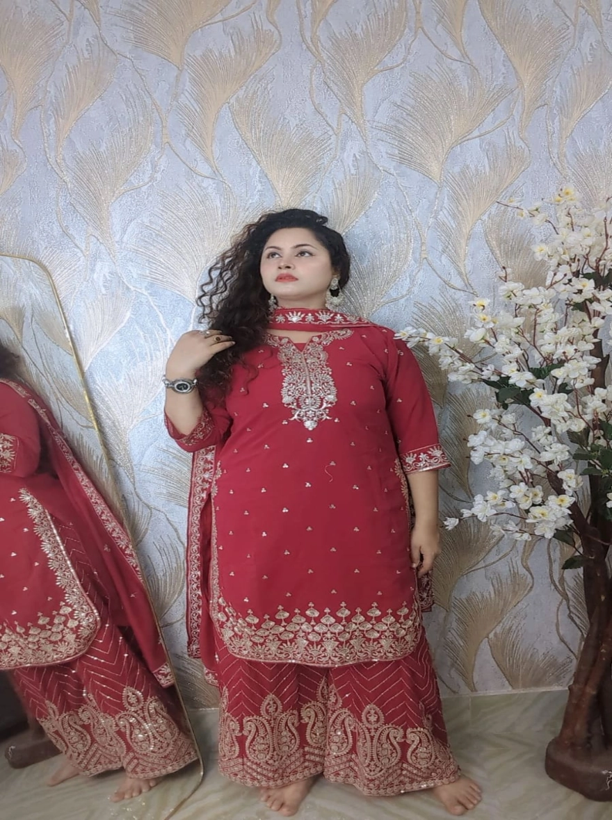 Ruby Red Pakistani Design Premium Georgette Readymade Gharara Set