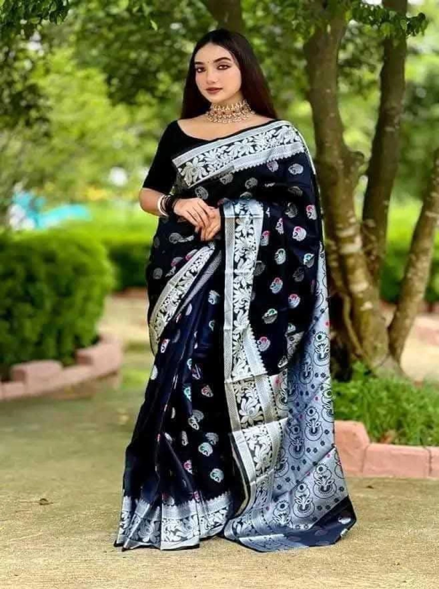 Women's Best Colored Katan Saree - Elegant Black & Silver Festive Wear