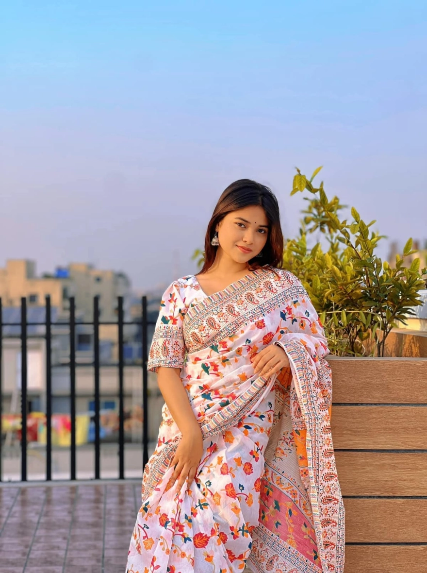 Women's Tangail Tat Trendy Afsan Print Saree – Vibrant Multi-Color Floral Edition