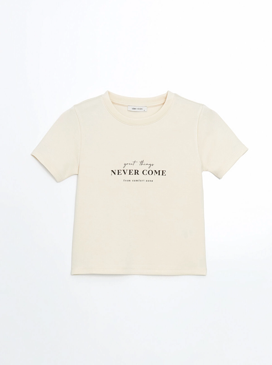 NEVER COME Crew Neck Printed Women's T-shirt-BEIGE