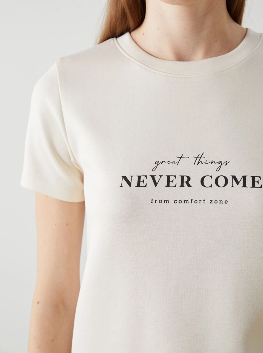 NEVER COME Crew Neck Printed Women's T-shirt-BEIGE