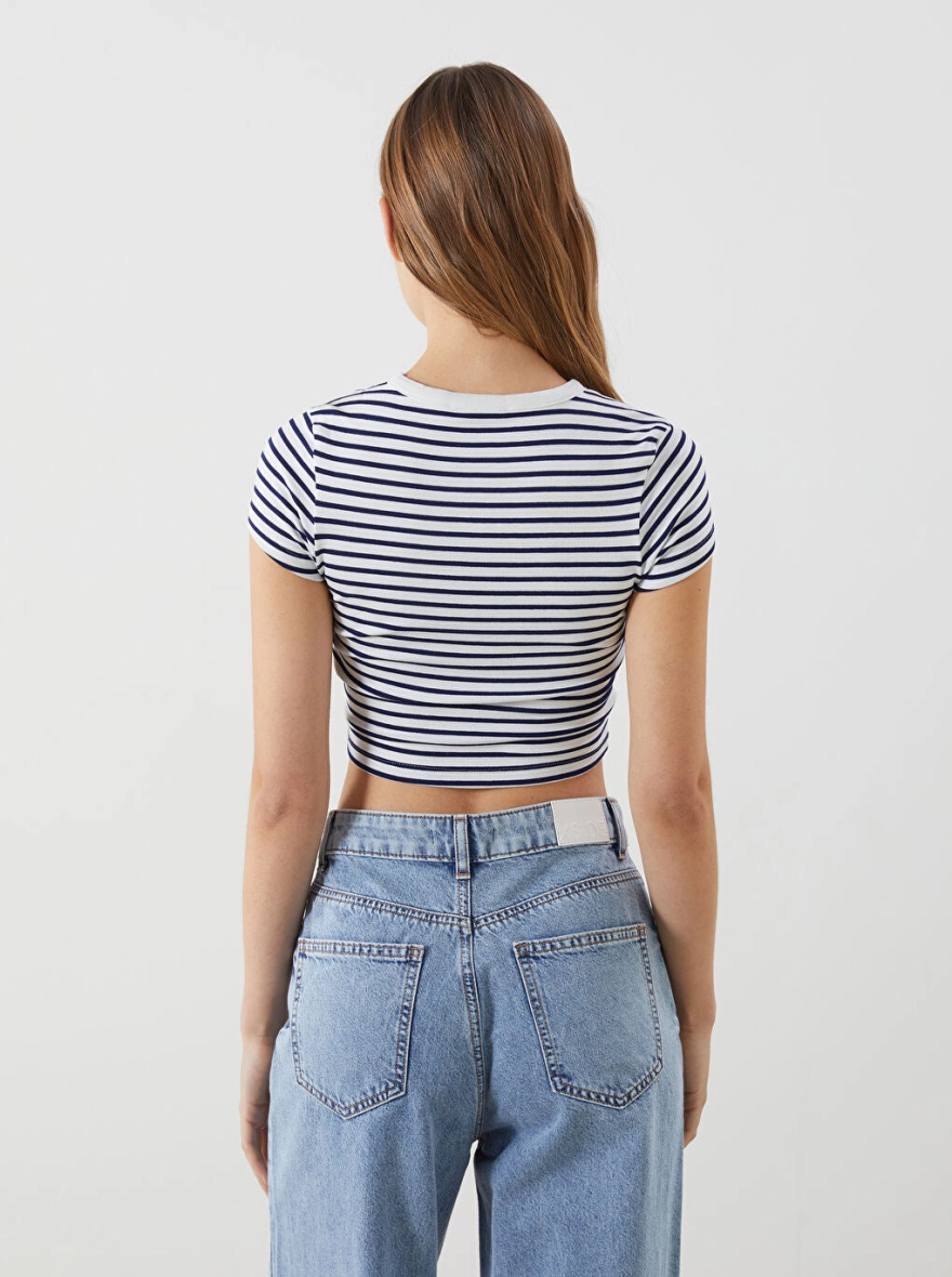 Crew Neck Striped Women's Tops | White and Navy Blue