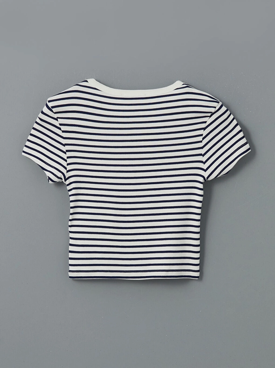 Crew Neck Striped Women's Tops | White and Navy Blue