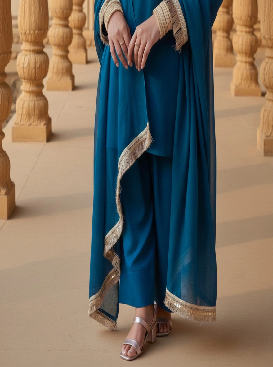 Name: Zarqa – Teal Short Kameez & Farshi Salwar 3-Piece Set