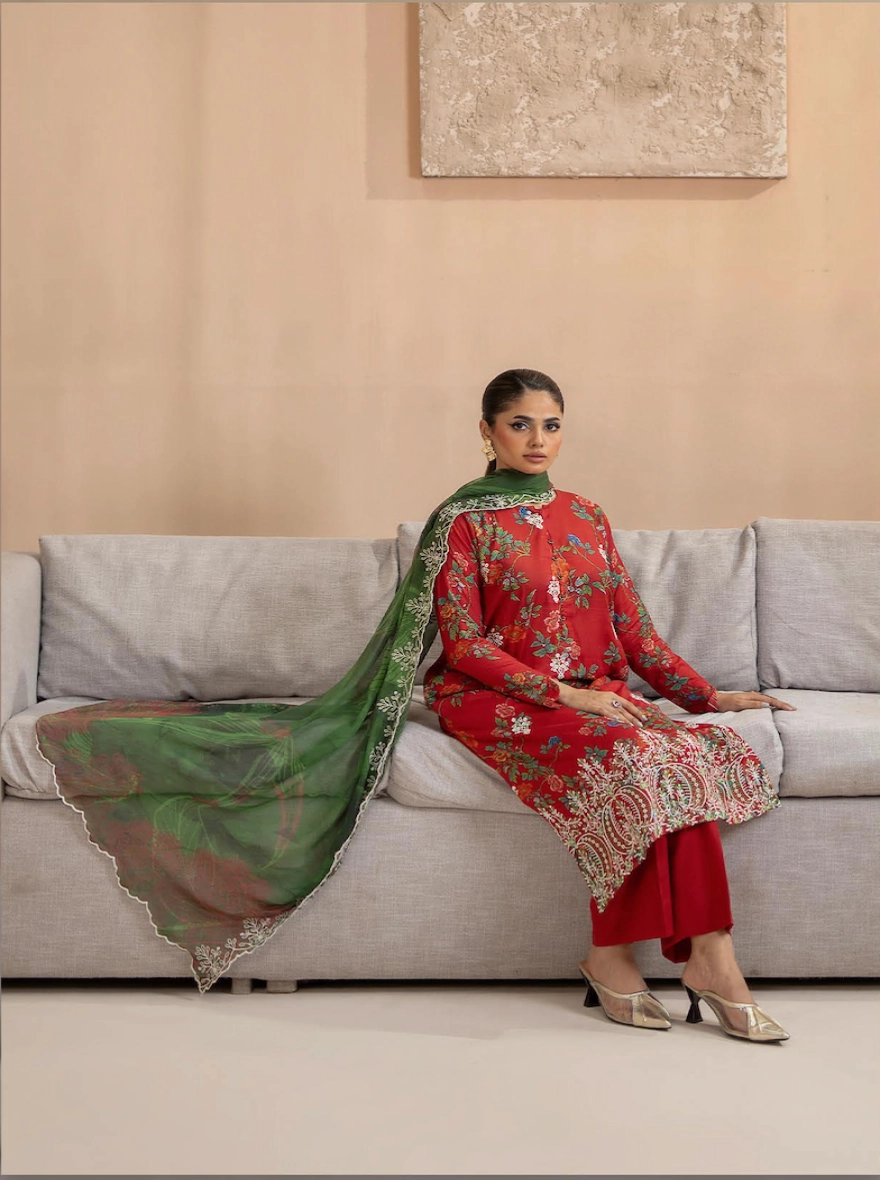 Pakistani Premium Mishaal by Gulljee – 3 Piece Printed Lawn Suit (Red)