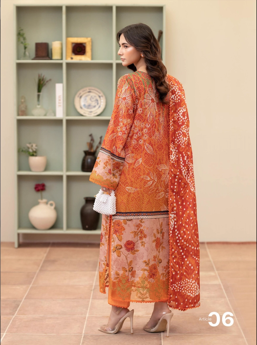 Pakistani Morja by Gulljee – Unstitched Three Piece Embroidered Printed Lawn Suit (Orange)