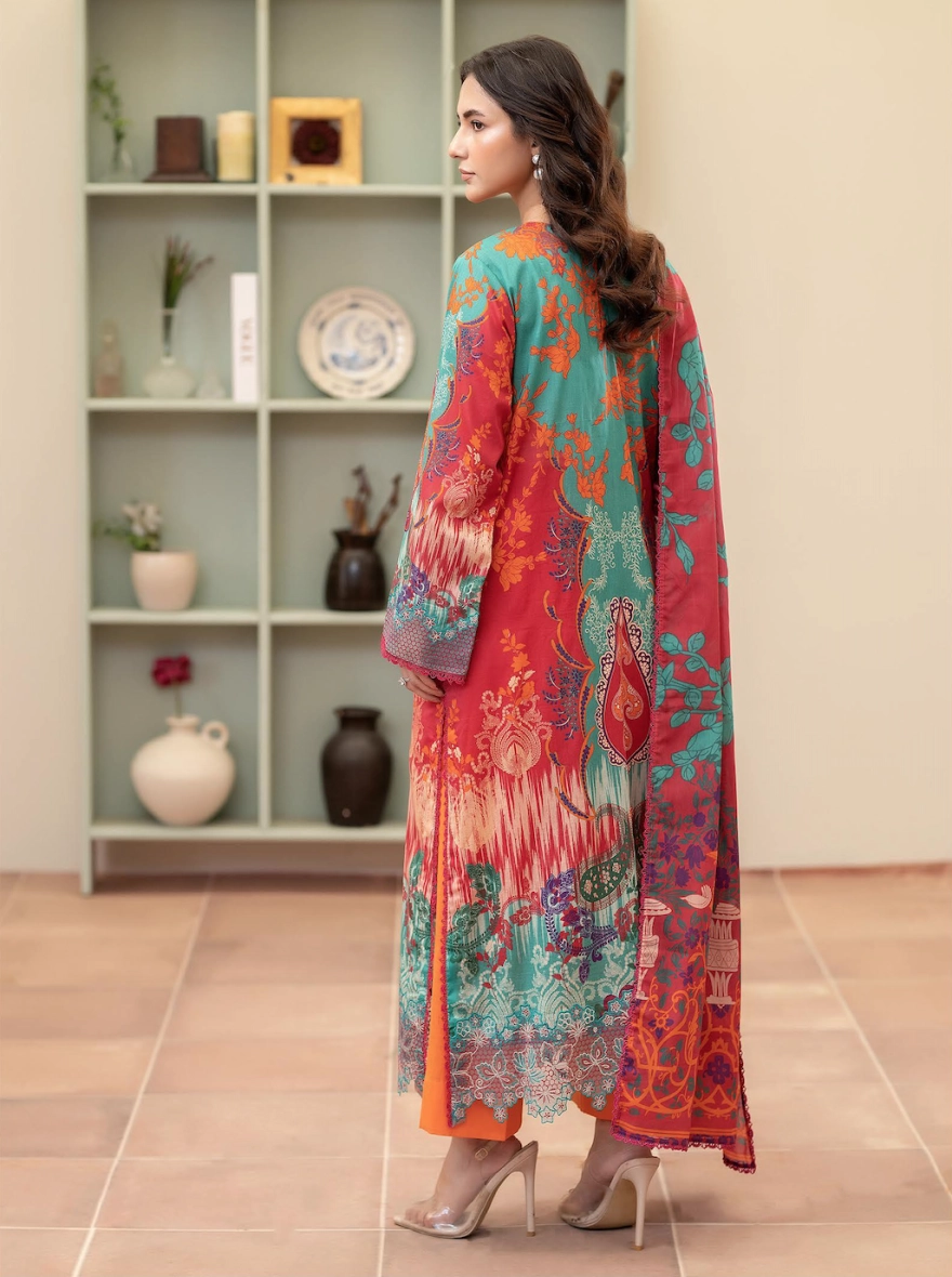 Radiant Crimson & Teal Digital Printed Embroidered Unstitched 3-Piece Lawn Suit