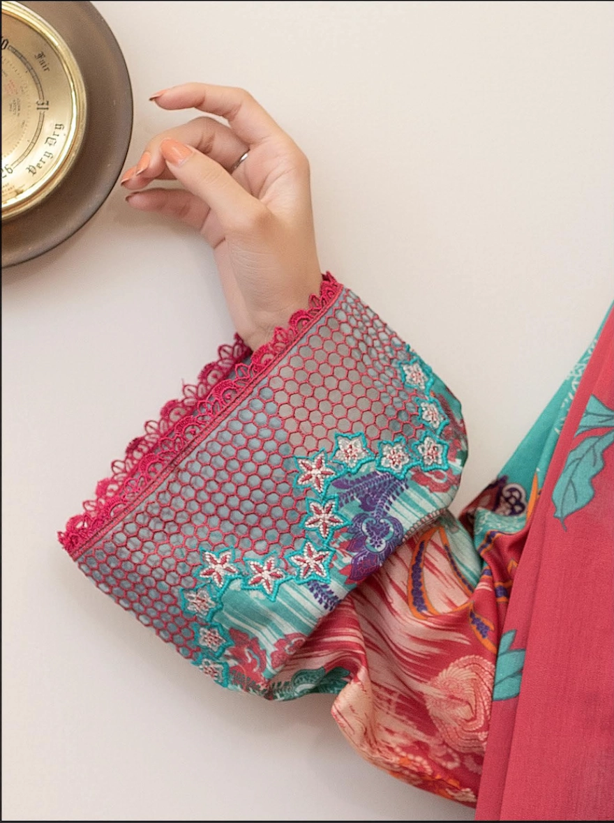 Radiant Crimson & Teal Digital Printed Embroidered Unstitched 3-Piece Lawn Suit