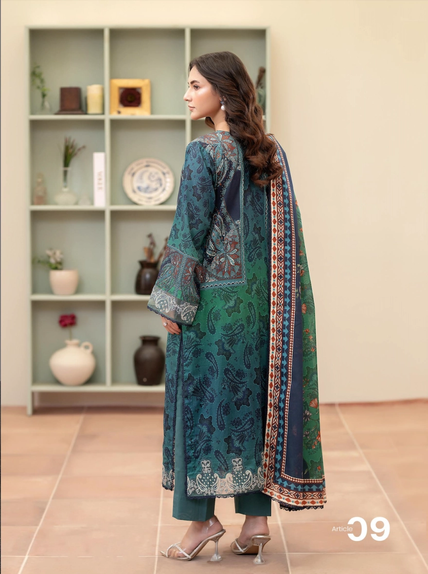 Teal & Emerald Paisley Embroidered Unstitched 3-Piece Digital Lawn Suit