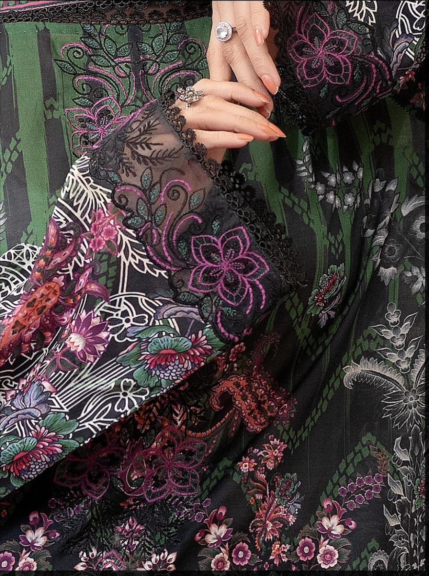 Charcoal & Forest Green Floral Embroidered Unstitched 3-Piece Lawn Suit
