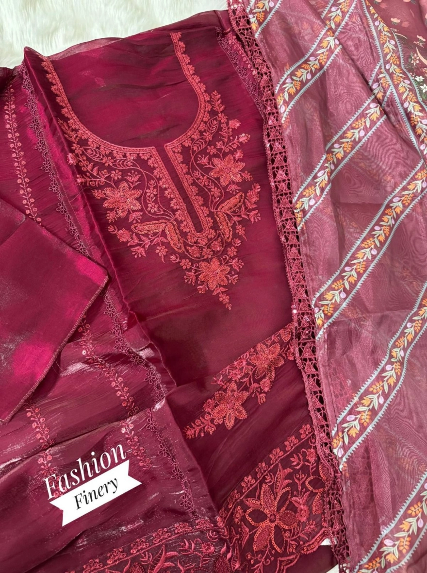 Majestic Wine Floral Organza Unstitched Suit