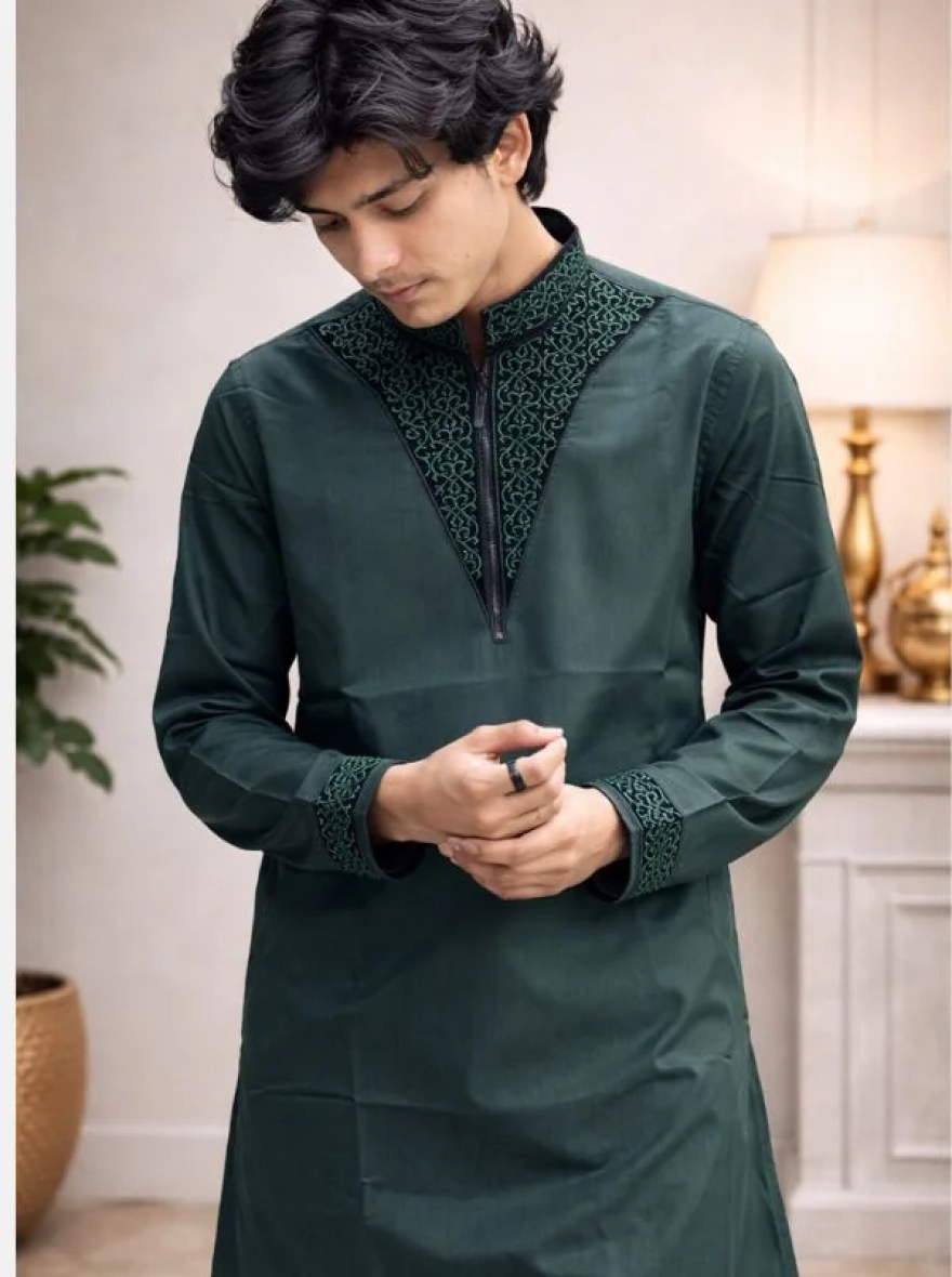 Emerald Royal Cotton Embroidery Panjabi