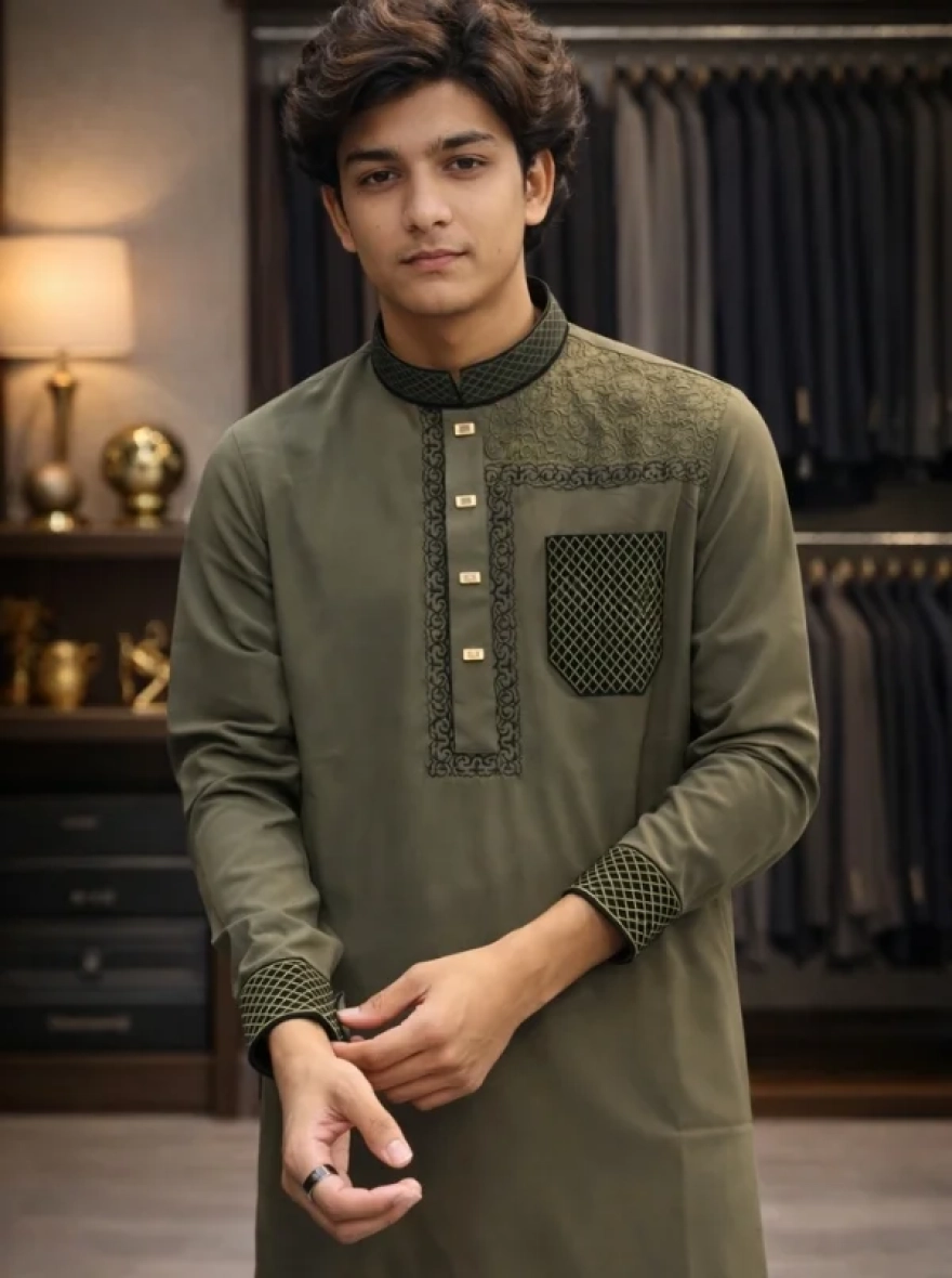 Emerald Forest Premium Cotton Embroidery Panjabi