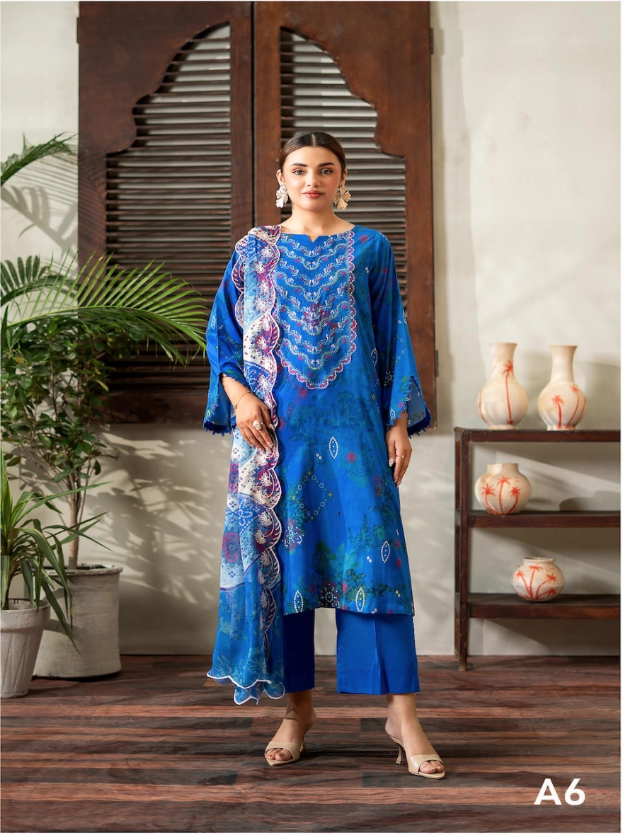 Royal Azure Embroidered 3-Piece Lawn Suit with Cut-Work Chiffon Dupatta