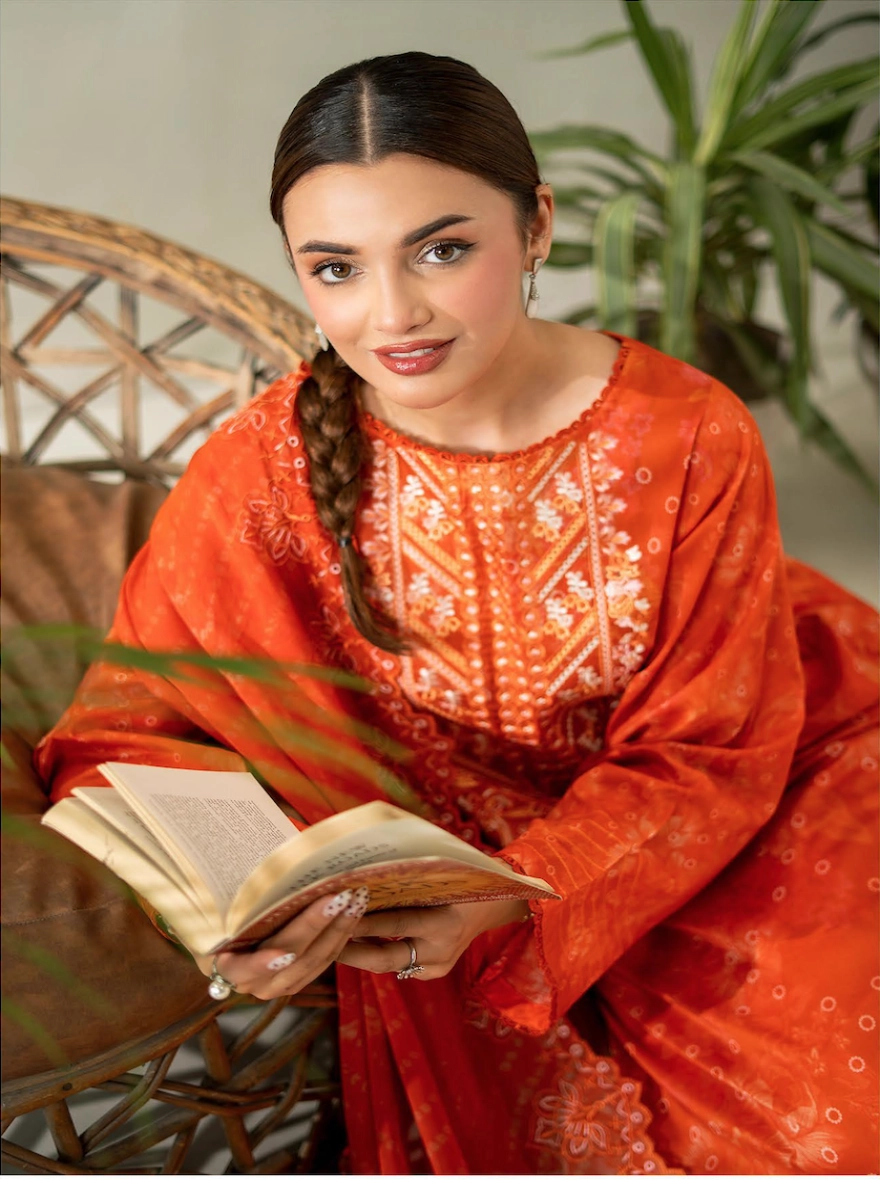 Amber Glow Embroidered 3-Piece Lawn Suit with Cut-Work Chiffon Dupatta