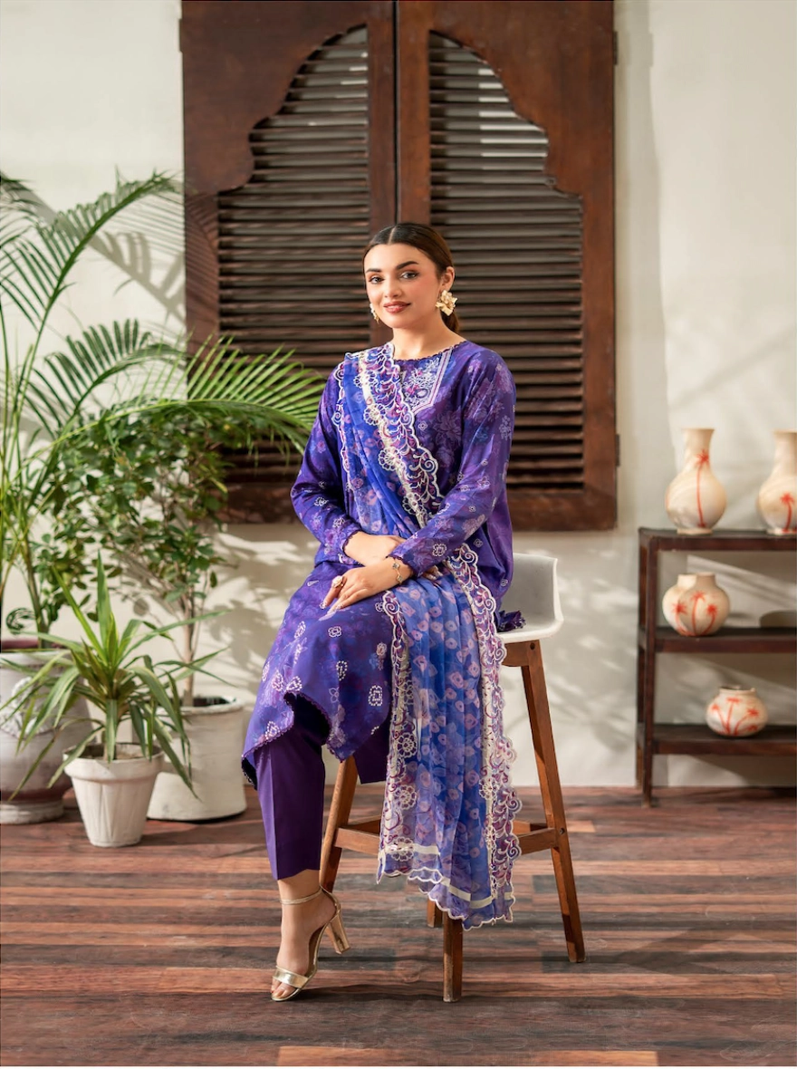Violet Verve Embroidered 3-Piece Digital Lawn Suit with Cut-Work Chiffon Dupatta