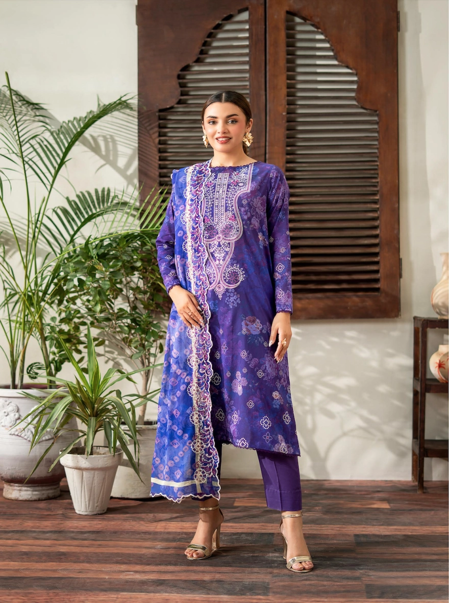 Violet Verve Embroidered 3-Piece Digital Lawn Suit with Cut-Work Chiffon Dupatta