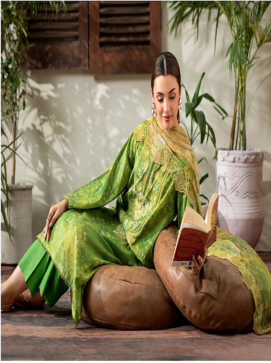 Verdant Bloom Embroidered 3-Piece Lawn Suit with Cut-Work Chiffon Dupatta