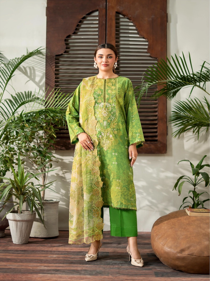 Verdant Bloom Embroidered 3-Piece Lawn Suit with Cut-Work Chiffon Dupatta