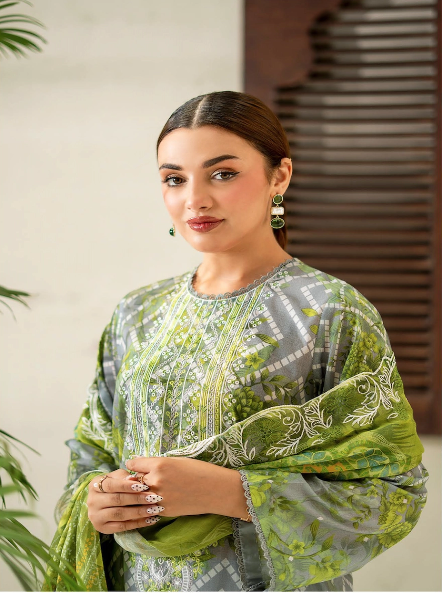 Slate Grey & Lime Zest Embroidered 3-Piece suit with Cut-Work Chiffon Dupatta