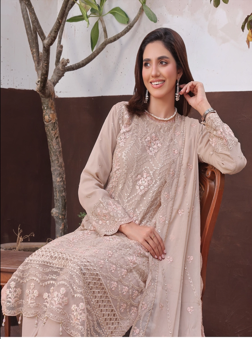 Sandstone Grace Embroidered Chiffon 3-Piece Festive Suit