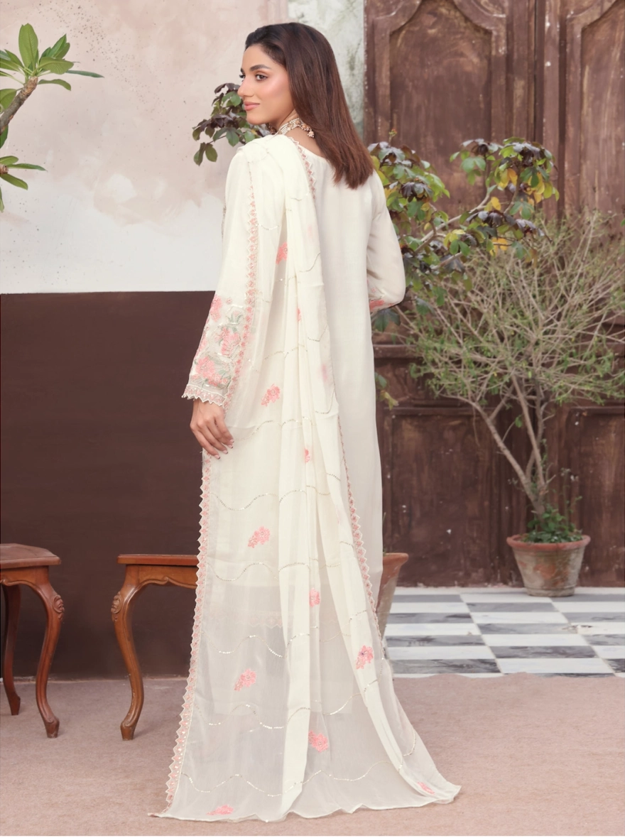 Ivory Petal Embroidered Chiffon 3-Piece Festive Suit