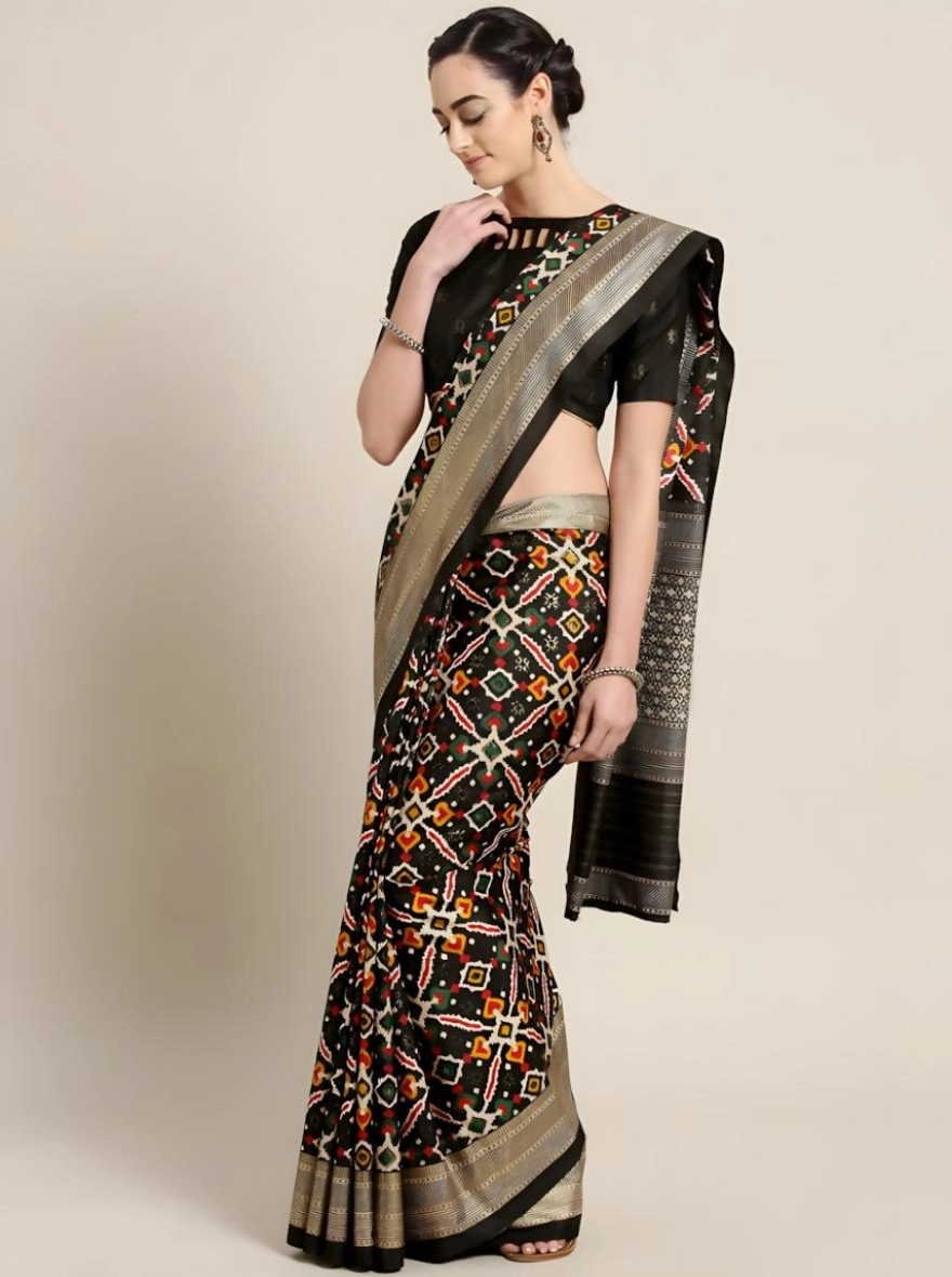 Soft Silk Screen Printed Premium Katan Sharee with Blouse - Graphite