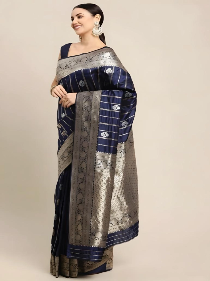 Cinder-Soft Silk Screen Printed Premium Katan Sharee with Blouse